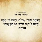 המילים "וַיֹּאמֶר מֹשֶׁה אִכְלֻהוּ הַיּוֹם כִּי-שַׁבָּת הַיּוֹם לַיהוָה, הַיּוֹם לֹא תִמְצָאֻהוּ בַּשָּׂדֶה:" מתוך ספר שמות, פרשת בשלח, פרק ט"ז, פסוק כ"ה. הטקסט כתוב באותיות עבריות מנוקדות על רקע דמוי נייר.