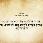 המילים "אני ה' אלהיכם אשר הוצאתי אתכם מארץ מצרים להיות לכם לאלהים, אני ה' אלהיכם:" מתוך ספר במדבר, פרק ט"ו, פסוק מ"א. הטקסט כתוב באותיות עבריות מנוקדות על רקע דמוי נייר.