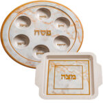 סט קערת פסח וצלחת מצה במבוק דמוי שיש בגוון זהב